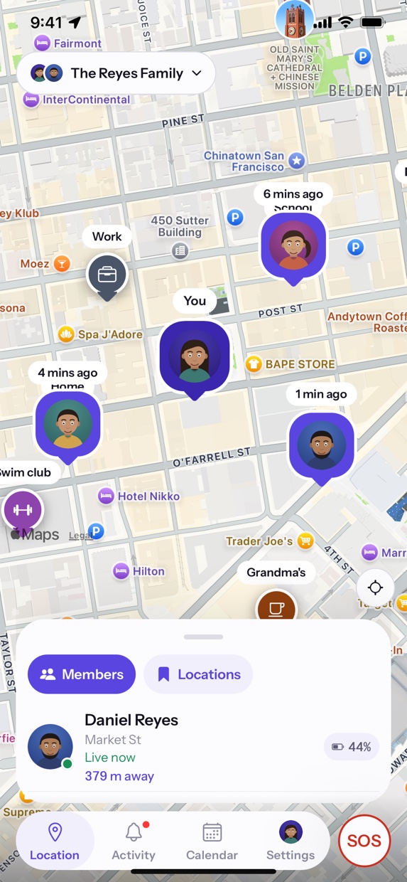 The Fam360 map with several family members shown as pins, and a sheet listing each member with their battery level and distance.