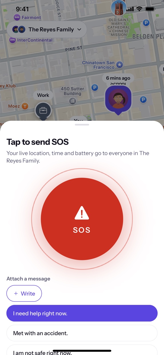 The Fam360 SOS drawer opened over the map: a large red SOS button above a list of one-tap messages such as 'I need help right now' and 'Met with an accident'.