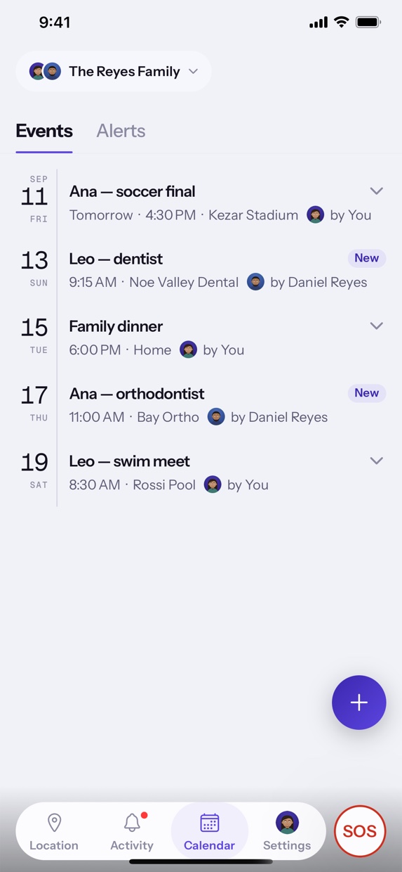 The Fam360 family calendar: a dated list of upcoming events — a soccer final, a dentist appointment, a family dinner — each showing the time, the place, and which family member added it.